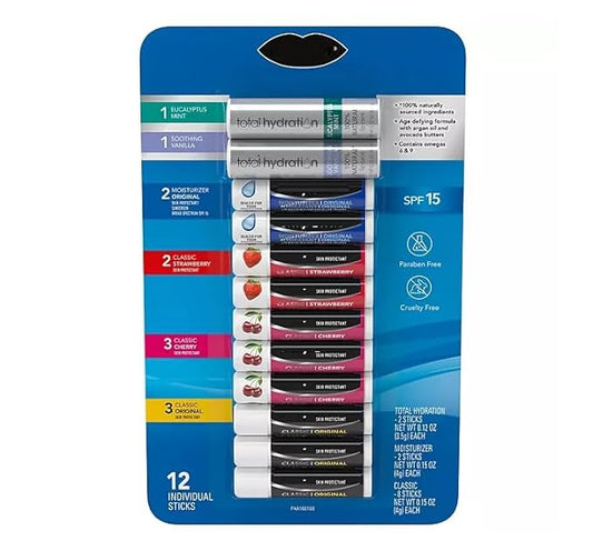 Lip Balm Variety Pack (Original, Cherry, Strawberry, Moisturizer & Total Hydration) - 12 count.