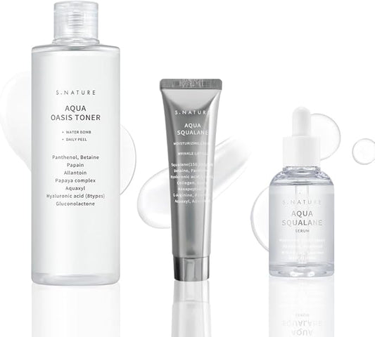 Hydrating Set, 3 Steps to Refined Pores, Lasting Hydration, Aqua Oasis Toner 300ml, Aqua Squalane Serum 50ml, Aqua Squalane Cream 60ml, Mother's Day Gifts for Mom Gifts for Women, Gift Set