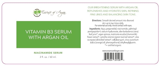 Essence of Argan B3 Vitamins Hyaluronic Acid Face Serum, Niacinamide Moisturizer for Face, Pore Serum Minimizer - 2 fl. Oz. Dropper Bottle