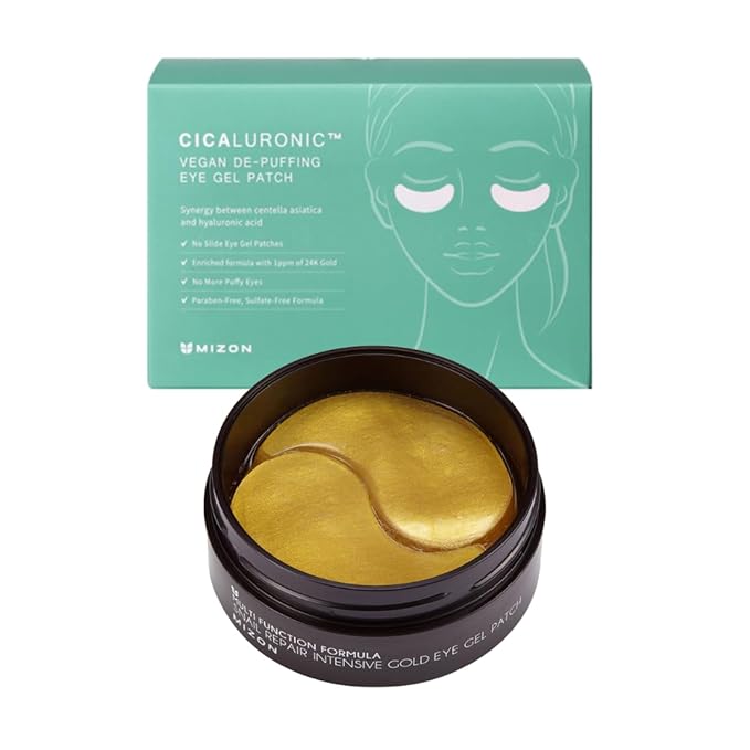 MIZON Snail Gold Eye Gel Patches + Cicaluronic Vegan De-puffing Eye Patches. Intensive eye skincare, anti-wrinkle, de-puffing, refreshing, soothing, hydrating.