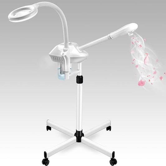 Professional 2 in 1 Facial Steamer for Ozone Humidifier Atomizer Attach 5× Magnifier and Light, Face Steamer Clean Skin Firming Pores and Moisturizing Suitable for a Beauty, Spa, at Home