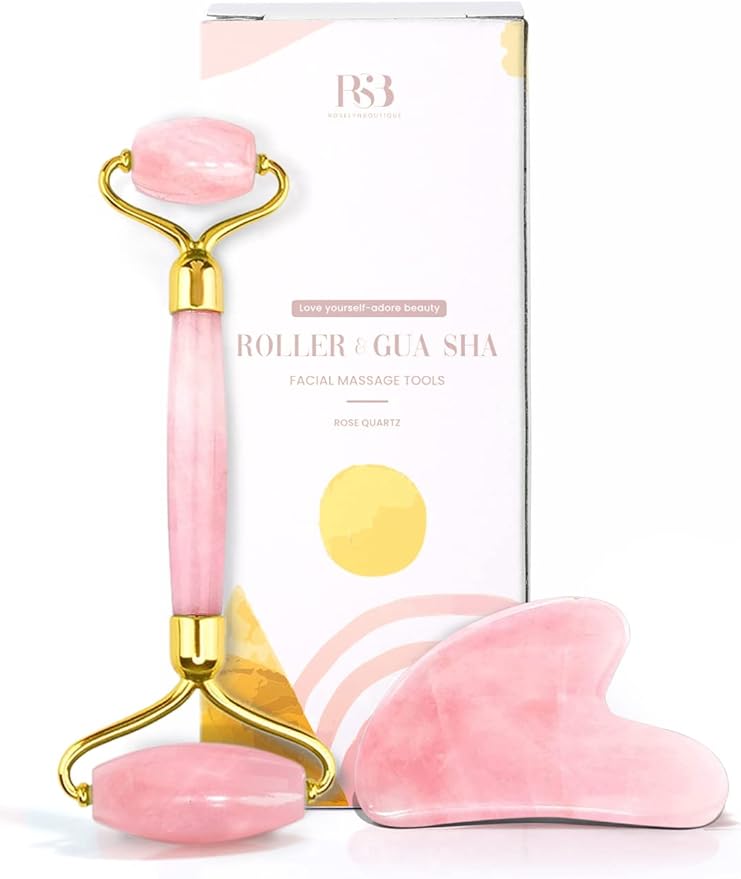 ROSELYNBOUTIQUE Gua Sha Facial Tools & Face Roller for Wrinkless Natural Skincare Tool Jade Roller Guasha Tool for Face Facial Massager (Rose Quartz - Pink)