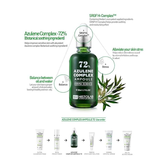72% Azulene Complex Korean Beauty Facial Serum – Soothing & Sebum Control Ampoule for Acne & Oily Skin – Reduces Redness, Swelling & Irritations – Infused with Tea Tree Oil