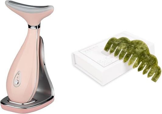 Lily Neck Face Massager Skin Rejuvenation Device (Pink) with Triple Action LED, Natural Jade Comb Head Massager Scalp Massage Comb