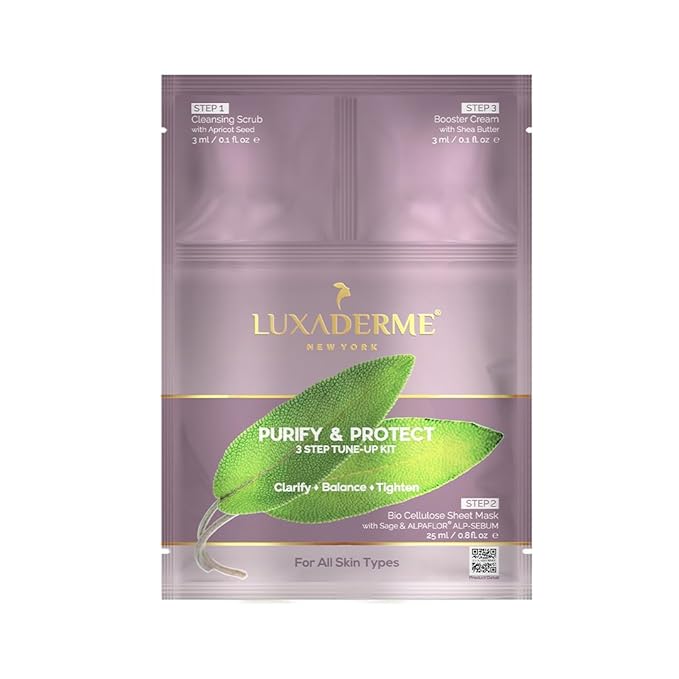 LuxaDerme Purify & Protect 3 Step Tune-Up Kit - Cleansing Scrub, Bio Cellulose Sheet Mask, Booster Cream