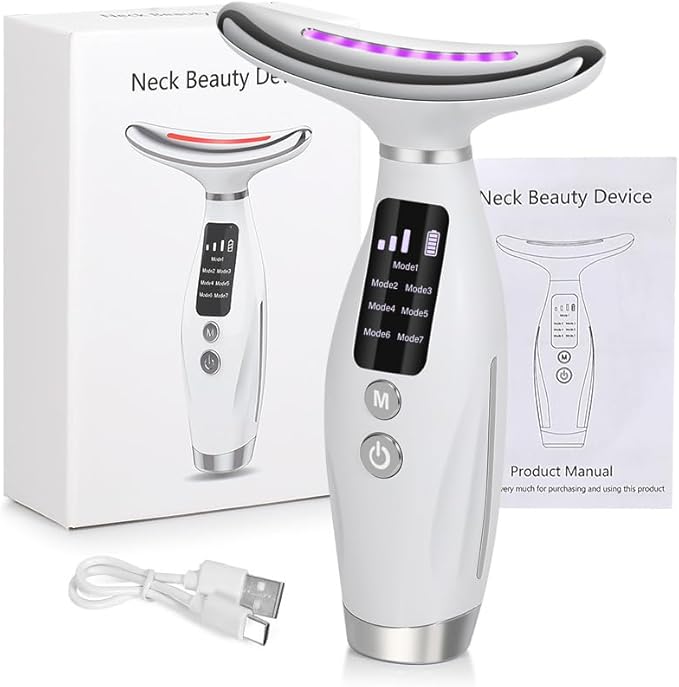 7-in-1 Neck and Face Grooming Device with Red Light Therapy, 3 Vibration Modes and Ergonomic Design to Firm Skin and Eliminate Wrinkles