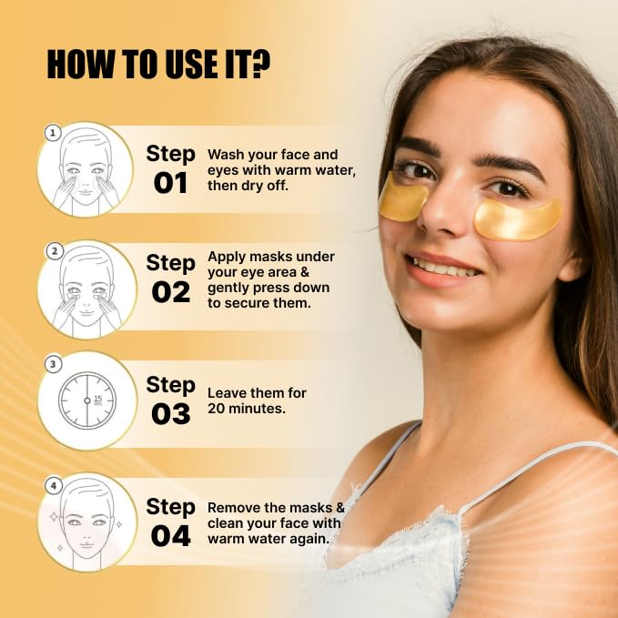 Under Eye Patches - 30 Pairs of 24K Gold Eye Masks for Puffy Eyes, Dark Circles & Wrinkles - Collagen & Hyaluronic Acid for Hydrating Skin, Eye Bags Treatment for Women & Men