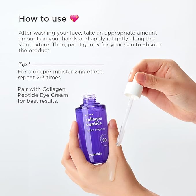 Hanskin Collagen Peptide Hydra Ampoule (90ml). Made with 80% Collagen Extract and 20% Peptide. Advanced Anti-Aging Formula to Repair Skin from Wrinkles and Fine Lines on Face and Neck Area.