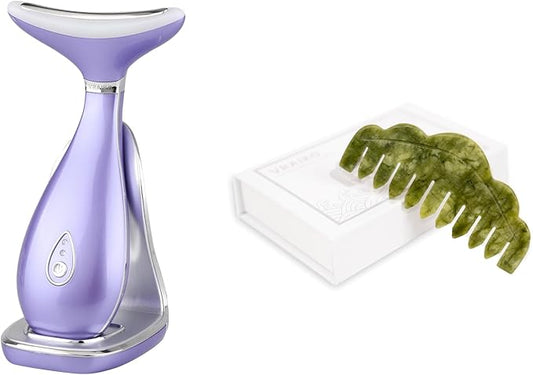 Lily Neck Face Massager Skin Rejuvenation Device (Violet) with Triple Action LED, Natural Jade Comb Head Massager Scalp Massage Comb