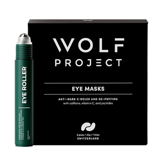 Wolf Project Eye Care Set - Energizing Eye Roller + Under Eye Mask for Dark Circles and Puffiness, With Caffeine, Vitamin C and Peptides