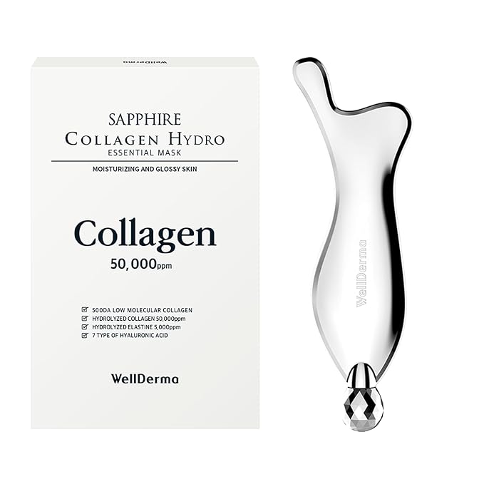 WELLDERMA 2 in 1 Gua Sha & face Roller Metal Tool & Collagen mask Set