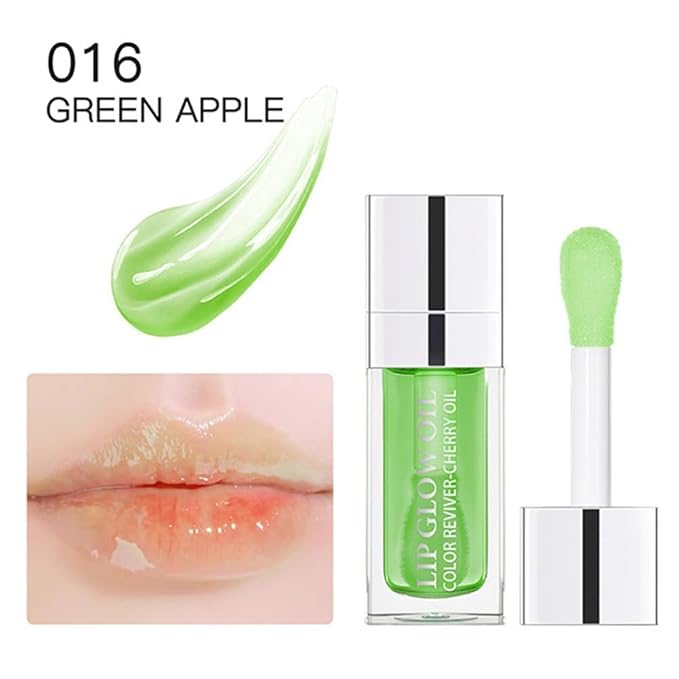 Plumping Lip Oil, Hydrating Gloss Tinted Lip Balm Transparent Lip Care, Big Brush Head Glitter Shine, Long Lasting Nourishing Non-sticky Fresh Texture(GREEN APPLE)