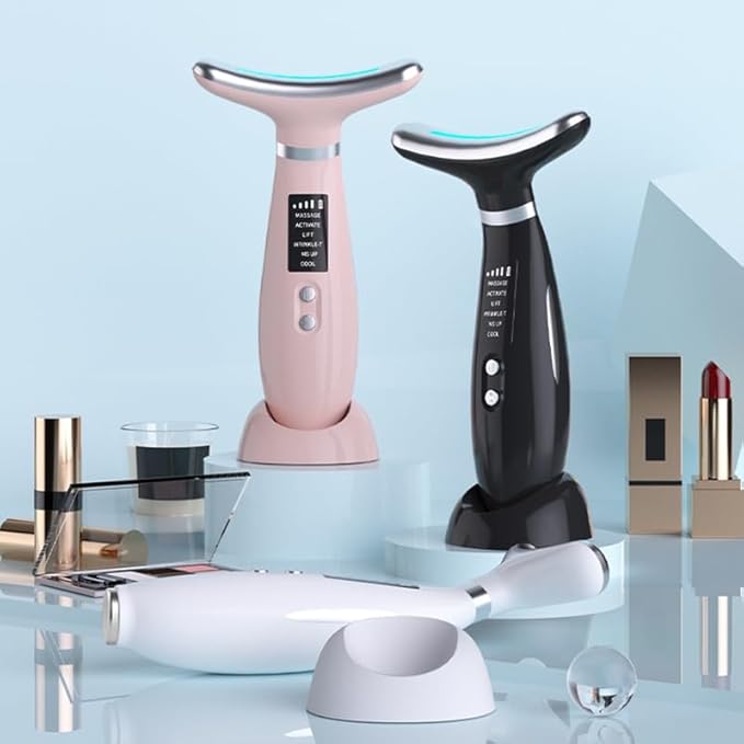 Facial Massager -7 Color Red-Light-Therapy for Face and Neck for Wrinkles, Double Chin, Vibrating Facial Massager with Thermals (Black1)