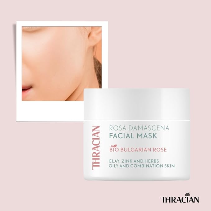 Thracian Bio Rosa Damascena Facial Mask, Natural Gentle Cleansing Clay Mask with Zinc and Bio Bulgarian Rose Water for Blackheads, Acne, Large Pores, Oily Skin, 100 ml, 3.4 Fl Oz