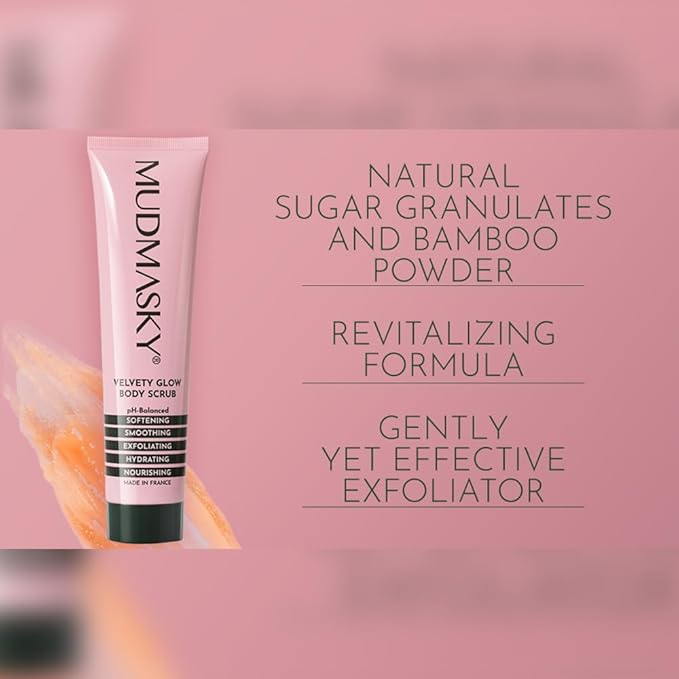 Mudmasky Velvety Glow Body Scrub 6.0 OZ. XXL-size - AS SEEN IN YOUR IPSY GLAM BAG - Exfoliating Bamboo Scrub. Made in France. No harsh chemicals. For Soft, Radiant Skin.