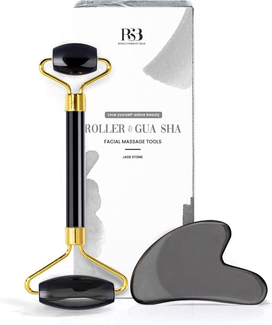 ROSELYNBOUTIQUE Gua Sha Facial Tools & Face Roller for Wrinkless Natural Skincare Tool Jade Roller Guasha Tool for Face Facial Massager (Black Obsidian)