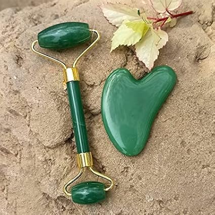 Green Jade Roller & Gua Sha Set, Face Roller Manual Massager,Green Jade Applicator for Face, Neck,Body Muscle,Relaxing, Stimulating Blood Flow, Relieve Fine Lines, Wrinkles,Green