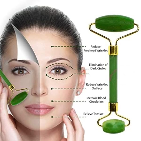 Green Jade Roller & Gua Sha Set, Face Roller Manual Massager,Green Jade Applicator for Face, Neck,Body Muscle,Relaxing, Stimulating Blood Flow, Relieve Fine Lines, Wrinkles,Green