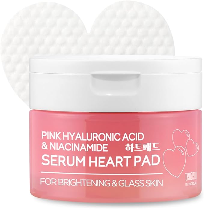 TENZERO Pink Hyaluronic Acid Niacinamide Serum Heart Pad 50ea, Hydrating & Brightening Glowing Face Toner Pads, Korean Facial Radiance Pads, Dry Skin, 150g