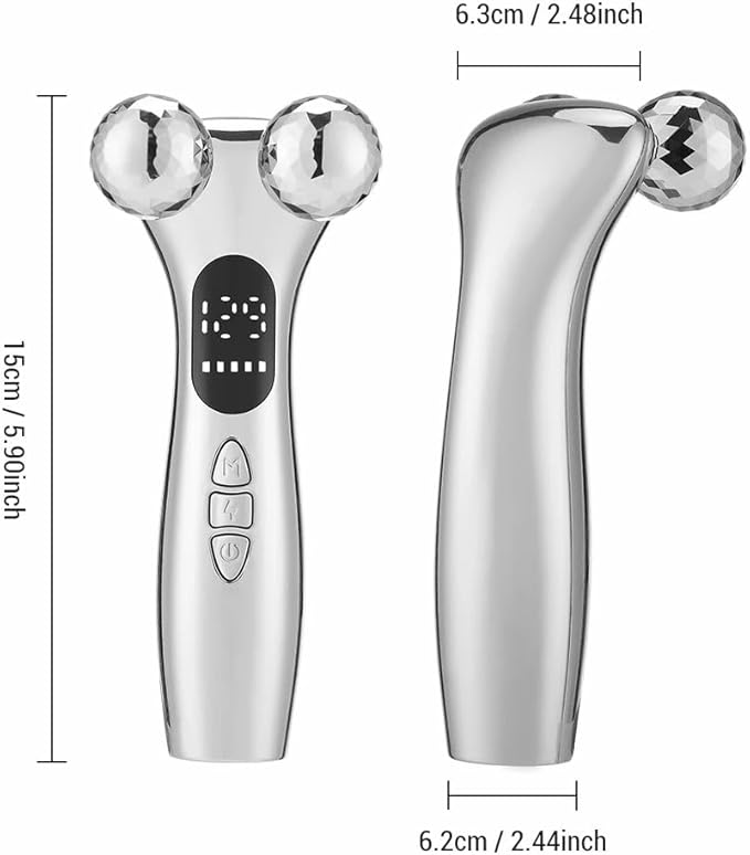 4D Facial Beauty Roller Massager – Double-Ball Neck Lift Device with 12 Massage Modes, 5 Vibration Levels & 9 Intensity Settings for Face & Body Sculpting (Silver)