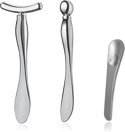 3 Pcs Metal Eye Cream Applicator Tool, Eye Roller Massage Sticks and Makeup Cream Spoon, Facial Massager for Reducing Puffiness Wrinkle Dark Circles