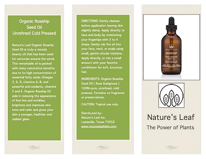 Rosehip Seed Oil Organic / 100% Pure/Cold Pressed/Unrefined/Omegas 3, 6 & 9 / Vitamins A, C & F/Anti-Aging/Stretch Marks/Wrinkles & Fine Lines / 2 fl oz.