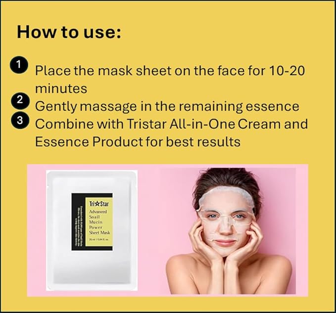 Tristar Advanced Snail Mucin Power Sheet Mask, 25ml, Hydrates Skin, Alleviates Skin Redness, Irritation, inflammation. Antioxidant and Anti-Aging Properties. All Natural. 1 Count.