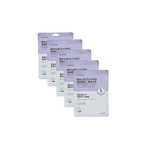 Beauty Restore Nourishing and Hydrating Lavender Face Mask with Hyaluronic Acid, Super Fruit Extracts, Allantoin & Adenosine, Cruelty Free, 5 Pack