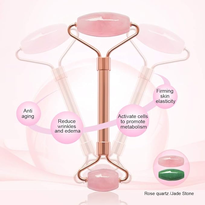2 Pack Jade Facial Roller & Rose Quartz Face Roller for Wrinkles and Puffiness, Natural Jade Stone Face Massager Roller