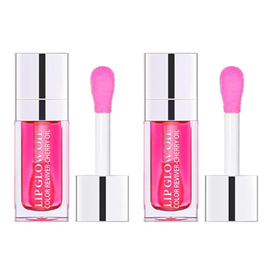 Plumping Lip Oil, Hydrating Gloss Tinted Lip Balm Transparent Lip Care, Big Brush Head Glitter Shine, Long Lasting Nourishing Non-sticky Fresh Texture(2PCS RASPBERRY)