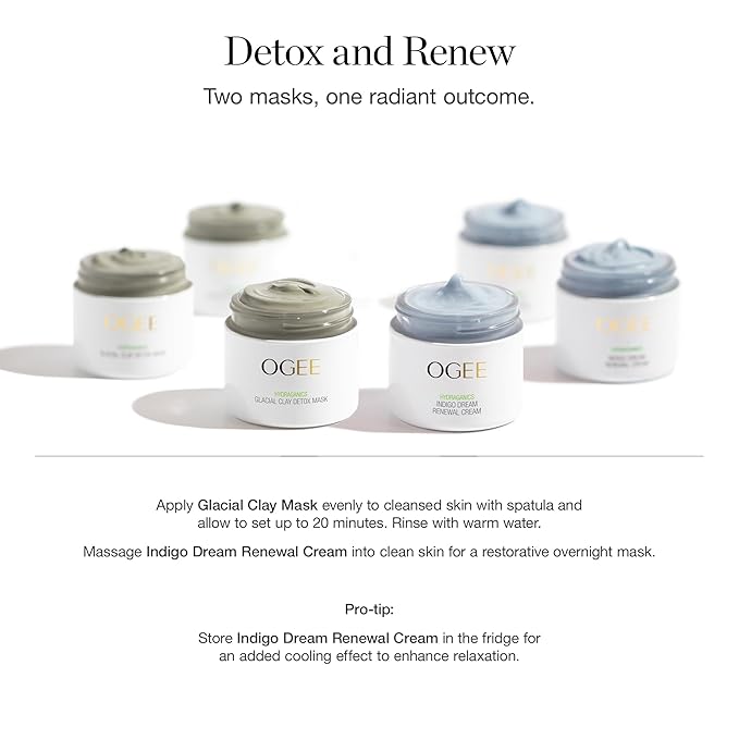 Ogee Double Mask Bundle - Indigo Dream Renewal Cream Face Moisturizer & Glacial Clay Detox Mask for Face
