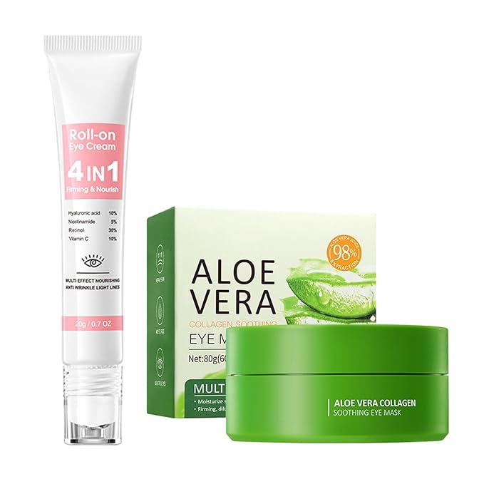 Eye Mask & Cream, Moisturizer Skin, Smoorh (2 PCS, Aloe Eye Mask & 4 In 1 Eye Cream)