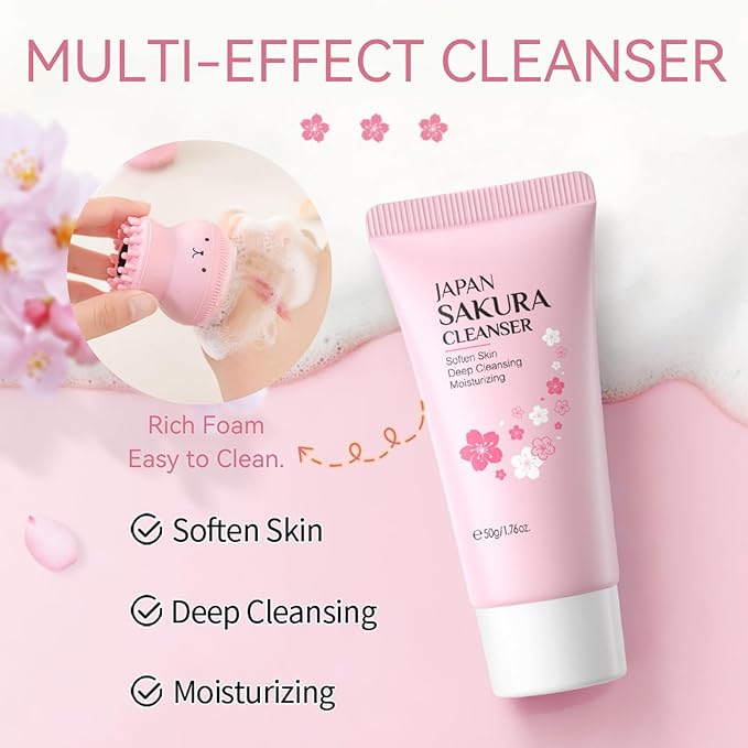 Skincare Set Sakura Mother's Day Gifts - Skin Care Set - Skincare for Teens 10-12 Hydrating - Travel Size Facial Kit for Women with Cleanser,Serum,Cream,Bunny Headband,Cleansing Brush（5pcs）