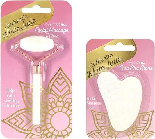 Earth & I White Jade Roller & Face Guasha Set 2pc, at Home Spa Essentials, Women Self Care, Face Tool for Lymphatic Drainage, Gua Sha Roller, Gusha, Facial Gua Sha Tool, Spa Accessories for Women