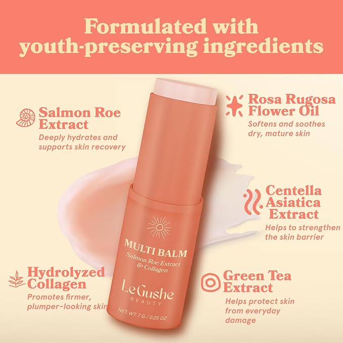 LE GUSHE All-in-One Face Balm Stick - Under Eye Brightener, Anti-Aging Under Eye Balm Stick with Salmon Roe Extract & Collagen - For Fine Lines & Wrinkles - Use on Face, Forehead, Neck