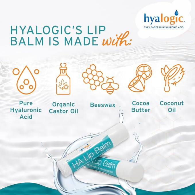 Hyalogic HA Lip Balm - Hyaluronic Acid & Organic, Natural Coconut Oil - Soothes Dry, Chapped Lips - Plumping, Moisturizing & Nourishing - Unflavored - Fragrance & Dye Free - 4.25g - 18 Sticks