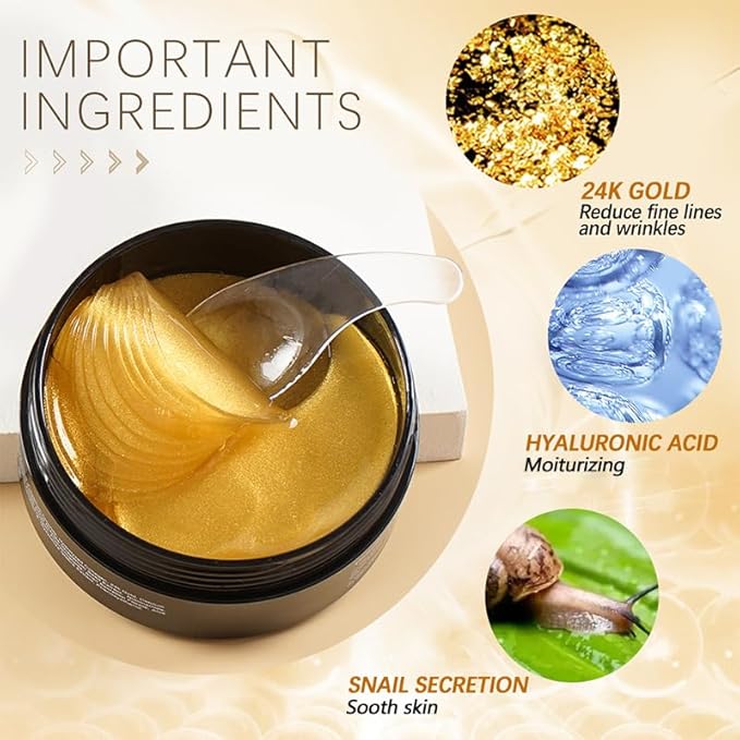 LIYALAN 24K Gold Under Eye Patches for Dark Circles and Puffiness Eye Mask Skin Care Products for Puffy Eyes Beauty for Women 60Pcs