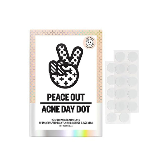PEACE OUT Acne Day Dot, Sheer Acne Healing Dots, Virtually Invisible Wear, Hydrocolloid Pimple Patches Helps Clear Blemishes Quickly with Encapsulated Salicylic Acid, Retinol & Aloe Vera, 20 dots
