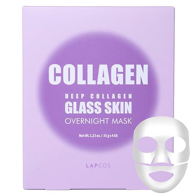 LAPCOS Deep Collagen Glass Skin Overnight Mask - Korean Skin Care Mask w/Rose PDRN, Vegan Collagen & Hydrogel Sheet - Hypoallergenic Firming Collagen Face Mask Sheets (4 ea, 1.23 oz)
