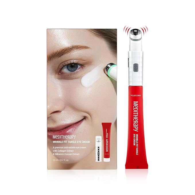 MEDITHERAPY Wrinkle-fit Tangle Eye Cream, Chargable Device Tip + Protein Collagen EyeCream, All-in-One Under Eye Treatment, 0.67 fl oz, Eye Massager (Cream+Device)
