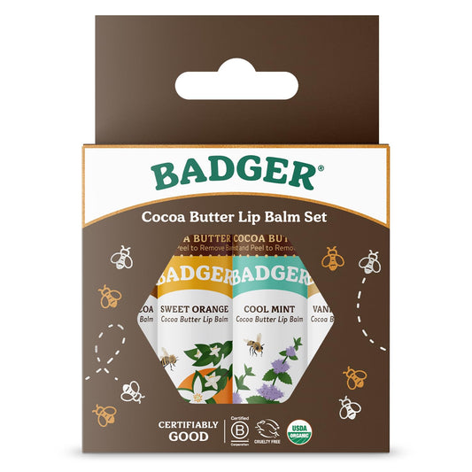 Badger Cocoa Butter Lip Balm Set, 100% Organic, Long Lasting Lip Moisturizers, Lip Care Variety Pack (Cocoa, Orange, Mint & Vanilla), All Natural Lip Balms, 4-pack
