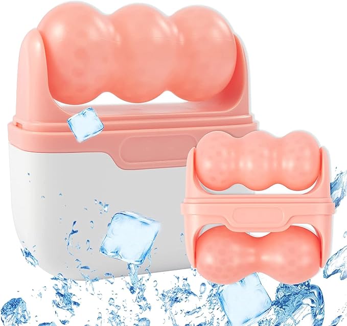 2-in-1 Face Skin Care Tool - Personal Cooling Ice Roller Massager for Eye Puffiness, Migraine, TMJ Pain Relief & Minor Injury (Pink)
