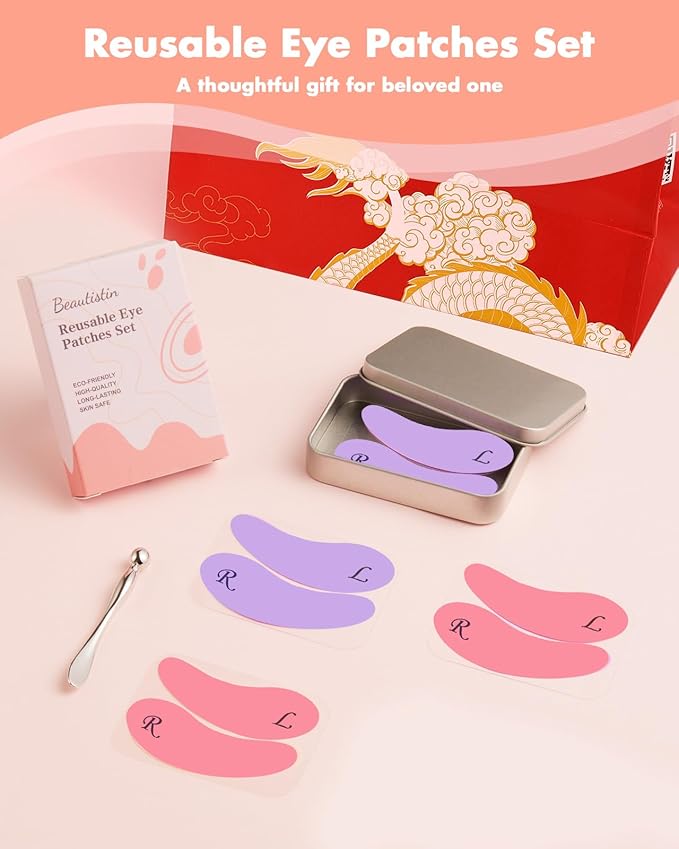 4 Pairs Reusable Under Eye Wrinkle Patches Silicone Mask, Plump Fine Lines & Wrinkles, with Metal Eye Cream Applicator, Tin Case, Purple&Pink