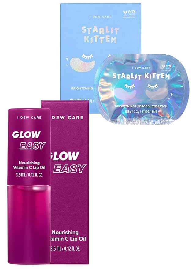 I DEW CARE Hydrogel Eye Patch - Starlit Kitten, 5 EA + Lip Oil Gloss - Glow Easy, 0.12 Fl Oz Bundle
