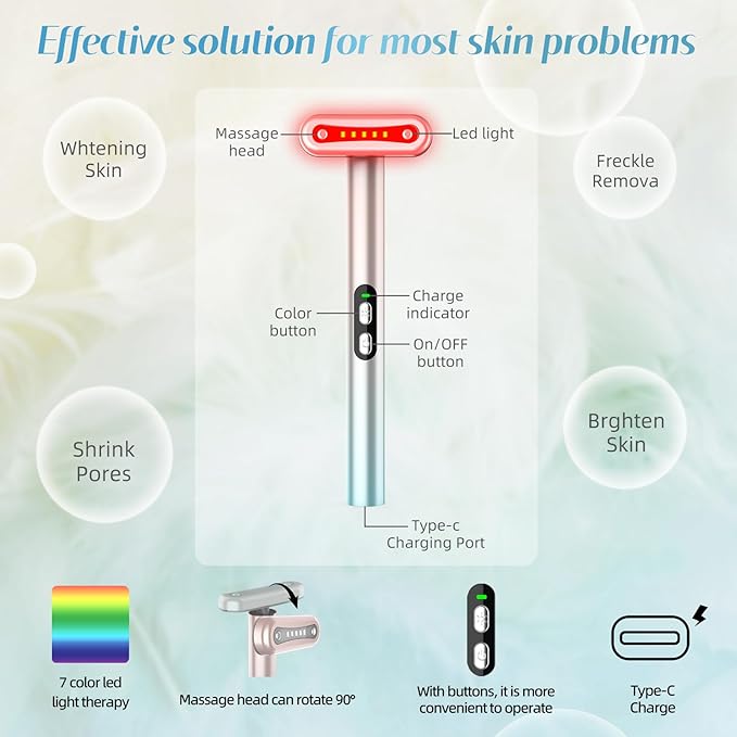 Led-Face-Wand，7 in 1 LED Light Therapy Facial Red & Blue Rejuvenation Tool