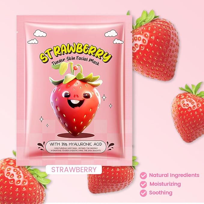 8 Pack Strawberry Fruit Face Masks for Kids,Hydrating Spa Face Mask For Sensitive Skin,Moisturize,Soothing,Nourish for All Skin Types,Natural Skin Care Spa Face Mask for Women Men Girls