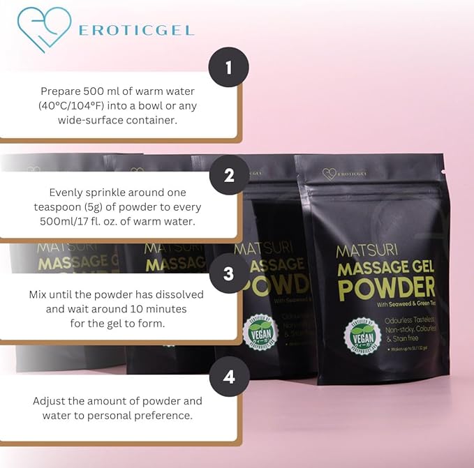 Japanese Nuru Massage Gel Powder 50g - Matsuri Edition | Resealable Sachet | Seaweed & Green Tea | Made in Japan | Slippery, Odorless, Tasteless, and Stain-Free | Makes Up to 1.32 Gallons of Gel