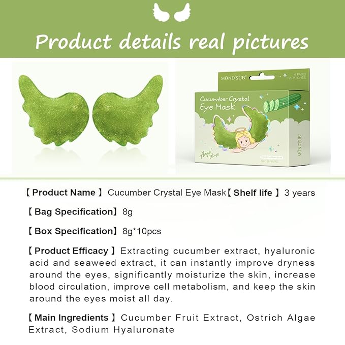 12Pcs Under Eye Patches for Dark Circle, Cucumber Moisturizing Hyaluronic Acid Eye Mask, Crystal Angle Wings Mask, Hrydrate & Moisture Gel Under Eye Treatment Skin Care Products (Cucumber)