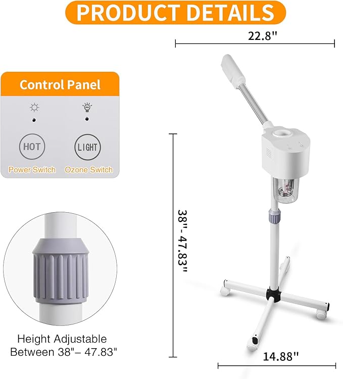 Professional Facial Steamer, Hot Mist Spray, Vaporizador Facial Steamer for Esthetician, Height Adjustable, SPA at Home, White