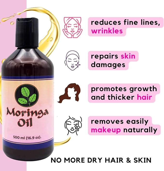 Moringa Oil 16.9 oz – Natural Face, Hair & Body Oil, 100% Pure, Cold-Pressed & Unrefined Moringa Seed Oil, Gluten-Free, Non-GMO, Vegan (500 ml)